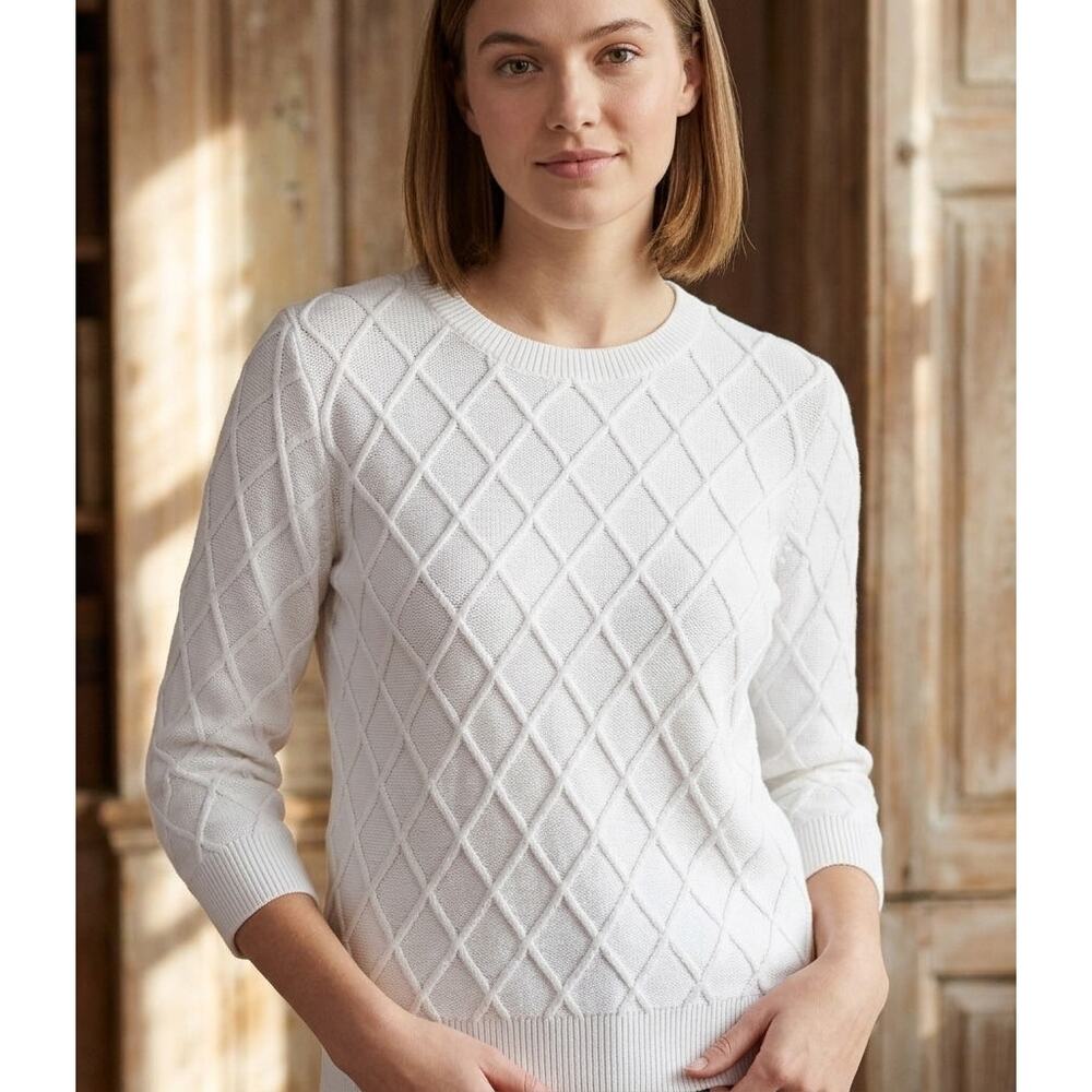 BROOKS BROTHERS White Supima Cotton Diamond Knit Sweater Medium 3/4 Sleeve Prep